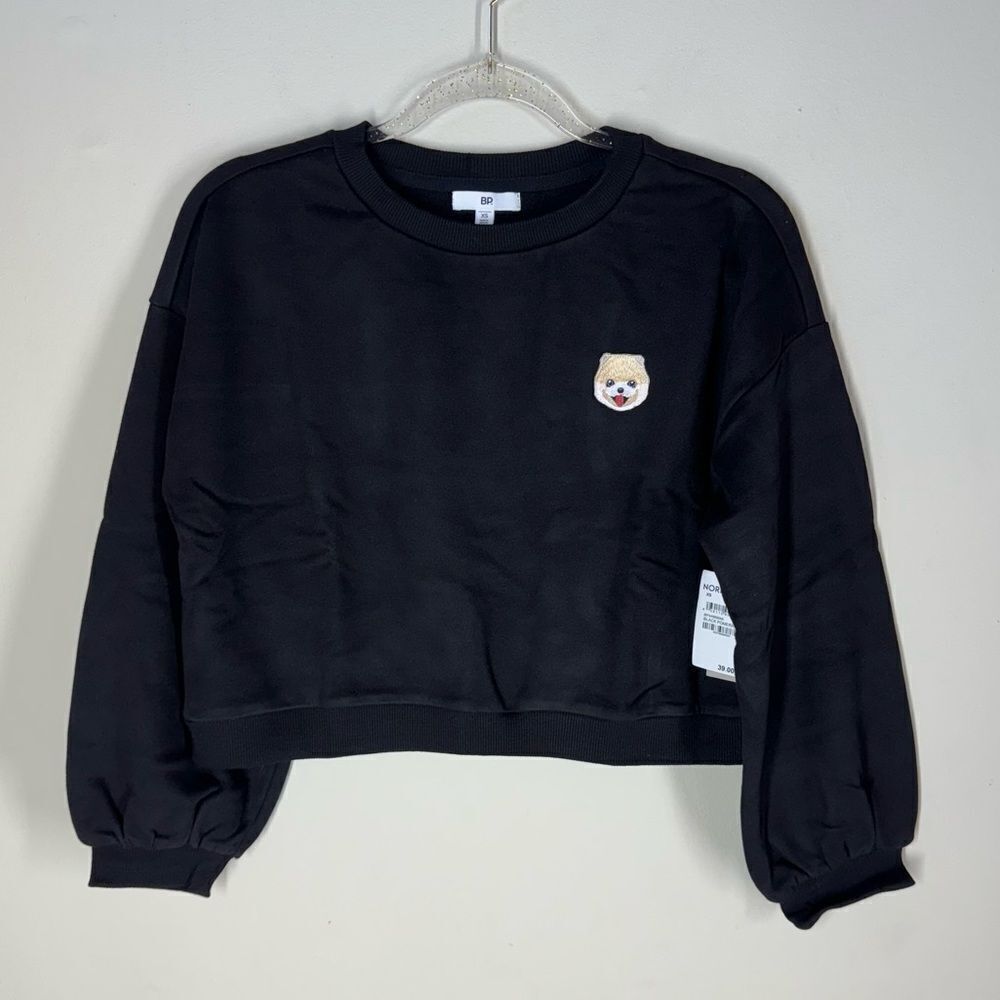 Nordstrom BP Sweatshirt Cropped Pomeranian Boo Dog French Terry Black NWT XS